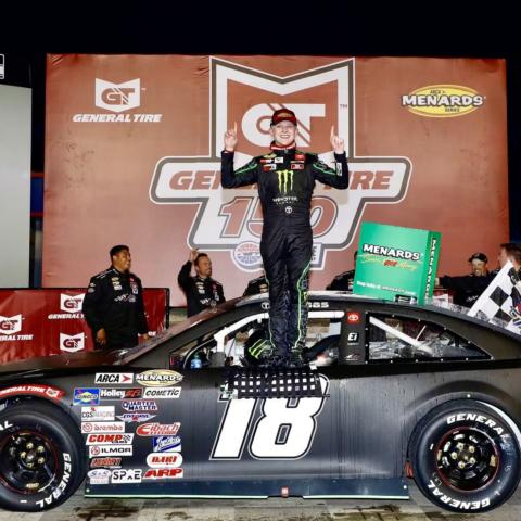 Ty Gibbs celebrates after winning Saturday's ARCA Menards Series General Tire 150 at Charlotte Motor Speedway.