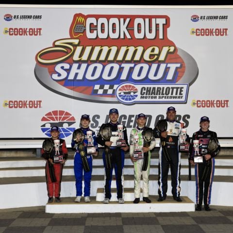 Left to right – Maverick Bradshaw (Bandits), Landon Thrasher (Young Lions), Ben Morabito (Pro), Colton Hale (VP Fuels Semi-Pro), Jeff Bolen (Dilling Heating, Cooling, Plumbing & Electrical Masters) and Carson Sherman (Outlaws) were crowned 2026 Cook Out Summer Shootout division champions.