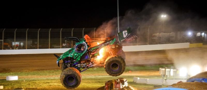 Jurassic Attack, driven by Dalton Widner, caught fire and won the Circle K Monster Truck Bash night’s top prize.