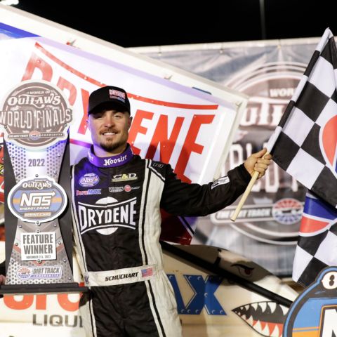 Logan Schuchart passed Carson Macedo on the penultimate lap of Wednesday's World of Outlaws NOS Energy Drink Sprint Cars portion of the World of Outlaws World Finals at The Dirt Track at Charlotte, and held on for his fourth win at the track.
