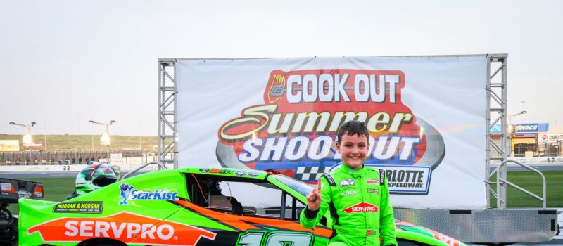Like his father, NASCAR great Kyle Busch, has done many times before him, Bandolero Bandit racer Brexton Busch charged to the front of the field in Tuesday's fourth round of the Cook Out Summer Shootout to earn his third win of the young season. 