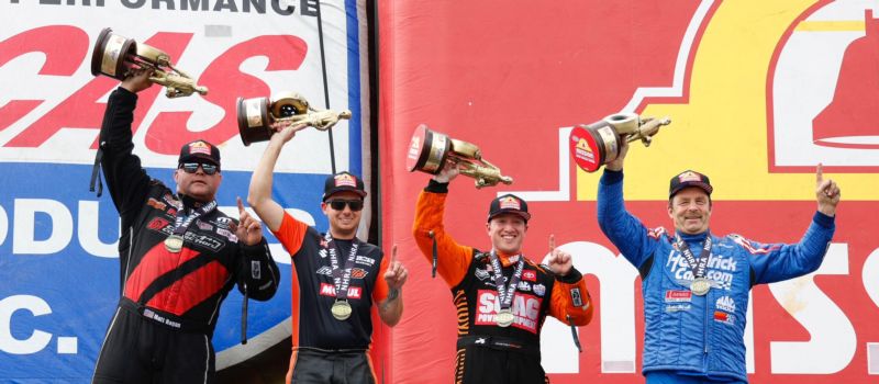 Matt Hagan (Funny Car), Gaige Herrera (Pro Stock Motorcycle), Justin Ashley (Top Fuel) and Greg Anderson (Pro Stock Motorcycle) celebrate NHRA 4-Wide Nationals wins Sunday at zMAX Dragway.