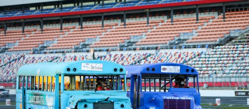 Queen City News Sports Reporter Kasey Funderburg charged from fourth place to first, stealing the spotlight in her Media Mayhem bus race debut at Cook Out Summer Shootout.