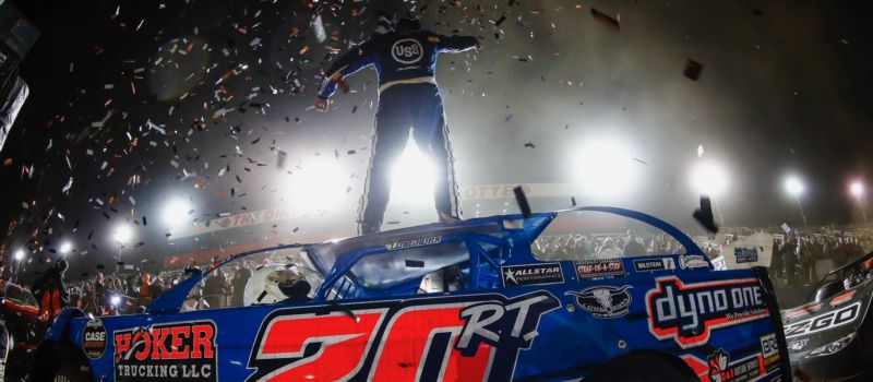 Ricky Thornton Jr. celebrates in Victory Lane following Friday’s World of Outlaws CASE Construction Equipment Late Models feature win.