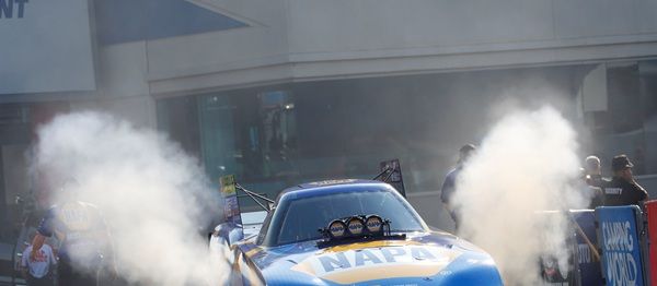 Funny Car driver Ron Capps powered his NAPA Auto Parts Toyota GR Supra to the provisional No. 1 qualifying position during Friday's action at the NHRA 4-Wide Nationals at zMAX Dragway.