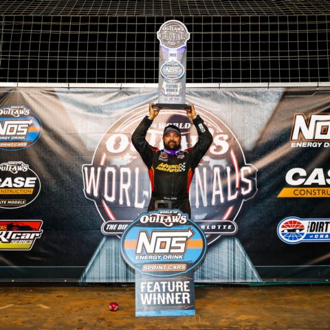 World of Outlaws NOS Energy Drink Sprint Cars driver Donny Schatz celebrates after winning Friday's feature race at the World of Outlaws World Finals at The Dirt Track at Charlotte.