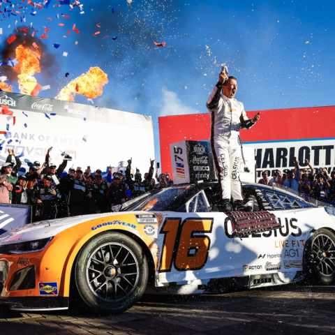 A.J. Allmendinger celebrates after winning Sunday's Bank of America ROVAL™ 400 at Charlotte Motor Speedway. 