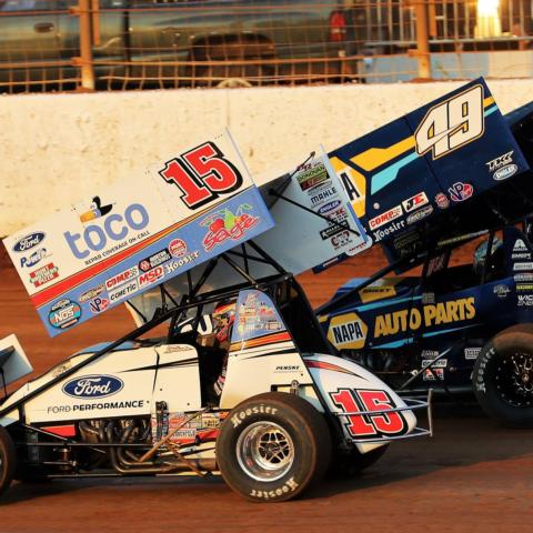 Ten-time and defending World of Outlaws NOS Energy Sprint Cars champion Donny Schatz, bottom, led points leader Brad Sweet, top, in this photo from the Patriot Nationals in May at The Dirt Track at Charlotte. Prior to the Nov. 7-9 Can-Am World Finals, Sweet has a 30-point edge in the race for the title.