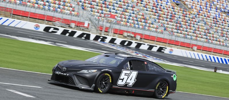 Ty Gibbs pulls his No. 54 Joe Gibbs Racing Toyota onto the track during a Goodyear Tire test at Charlotte Motor Speedway on Tuesday, March 28, 2023. 