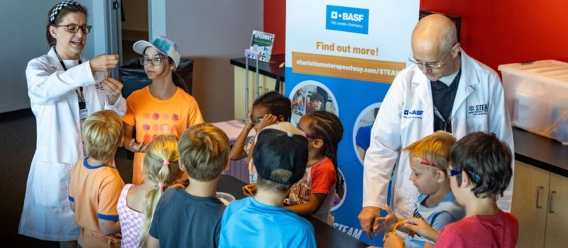 Through BASF’s partnership with Charlotte Motor Speedway’s year-round STEAM program, students enjoy interactive learning like the BASF Kids’ Lab—one of the many hands-on experiences designed to spark curiosity and innovation. 