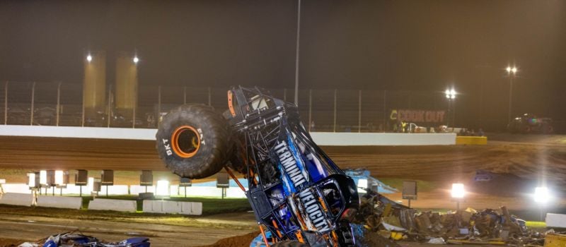 John Zimmer Jr. pilots Terminal Velocity to victory lane after sweeping both the Racing and Freestyle divisions at the Cook Out Monster Truck Bash.