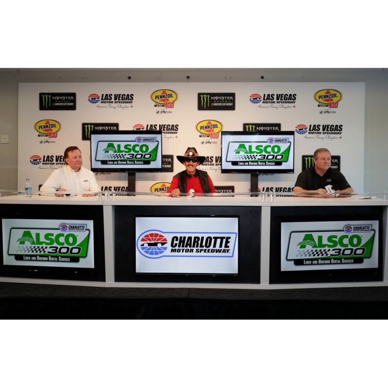 From left, NASCAR team owners Richard Childress and Richard Petty joined Jim Divers, the director of sales and marketing for Alsco, on Sunday at Las Vegas Motor Speedway to announce Alsco’s sponsorship of the Alsco 300 NASCAR XFINITY Series race on May 26 at Charlotte Motor Speedway.