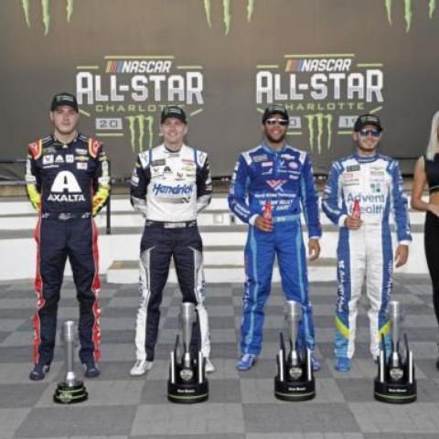 Monster Energy Open Fan Vote winner Alex Bowman joins stage winners William Byron, Bubba Wallace and Kyle Larson on Saturday prior to the Monster Energy NASCAR All-Star Race at Charlotte Motor Speedway.