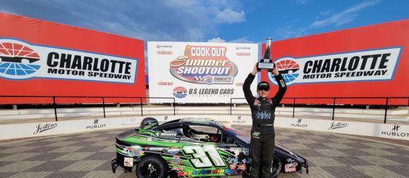 Bandolero Bandit winner Darren Krantz Jr. gets his second Cook Out Summer Shootout feature victory on “Red, White and Brews Night” at Charlotte Motor Speedway. 