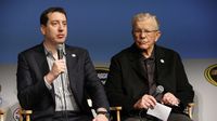 NASCAR Sprint Cup Series champion Kyle Busch and team owner Joe Gibbs during Toyota Tuesday at the Charlotte Motor Speedway Media Tour presented by Technocom.