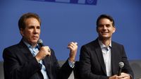 FOX motorsports analysts Darrell Waltrip and Jeff Gordon joke during Toyota Tuesday at the Charlotte Motor Speedway Media Tour presented by Technocom.