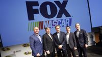 NASCAR on FOX television personalities pose for a photo during Toyota Tuesday at the Charlotte Motor Speedway Media Tour presented by Technocom.