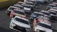 Denny Hamlin and Joey Logano lead the field to green during Saturday's Hisense 4K TV 300 at Charlotte Motor Speedway.