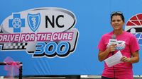 Blue Cross Blue Shield of North Carolina's Live Fearless brand ambassador and global soccer superstar Mia Hamm speaks to a crowd of more than 250 people gathered to kick off Breast Cancer Awareness Month and preview the Drive for the Cure 300 NASCAR XFINITY Series race at Charlotte Motor Speedway.