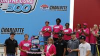 XFINITY Series drivers Brennan Poole, Darrell Wallace Jr., Chris Buescher and Blake Koch help Blue Cross Blue Shield of North Carolina brand ambassador Mia Hamm and senior vice president and chief human resources officer Fara Palumbo unveil the 2015 Drive for the Cure 300 trophy to kick off Breast Cancer Awareness Month and preview the Drive for the Cure 300 NASCAR XFINITY Series race at Charlotte Motor Speedway.