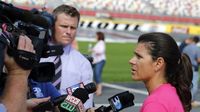 Blue Cross Blue Shield brand ambassador Mia Hamm speaks to media during an event to kick off Breast Cancer Awareness Month and preview the Drive for the Cure 300 NASCAR XFINITY Series race at Charlotte Motor Speedway.