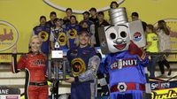 George Brunnhoelzl III celebrates his Southern Slam 150 win during Bojangles' Pole Night at Charlotte Motor Speedway.