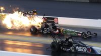 Tim Wilkerson blows up while racing Antron Brown during elimination Sunday at the NHRA Carolina Nationals at zMAX Dragway.