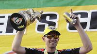 Andrew Hines was all smiles after winning the Pro Stock Motorcycle Wally during elimination Sunday at the NHRA Carolina Nationals at zMAX Dragway.