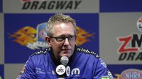 Tommy Johnson Jr. talks with media about his track record run during opening day at the NHRA Carolina Nationals at zMAX Dragway.