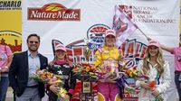 Better Half Dash top three finishers Paige White (2nd), Katelyn Sweet (1st) and Haley Dillon (3rd) pose for a photo following the Better Half Dash presented by Nature Made during Thursday's Bojangles' Pole Night at Charlotte Motor Speedway.