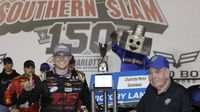 Ryan Preece celebrates his Bad Boy Off Road Southern Slam 150 NASCAR Whelen Southern Modified win during Thursday's Bojangles' Pole Night at Charlotte Motor Speedway.