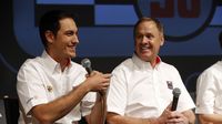 Joey Logano and Rusty Wallace talk to media during the Team Penske program during Ford Wednesday programs at the Charlotte Motor Speedway Media Tour presented by Technocom.