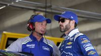 Jimmie Johnson and Chad Knaus debrief during Monster Energy All-Star Race practice during Friday's action at Charlotte Motor Speedway.