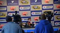 Jamie McMurray talks with media during a Goodyear tire test on Wednesday, March 9, ahead of the 10 Days of NASCAR Thunder at Charlotte Motor Speedway in May.