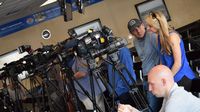 Media wait for driver interviews during a Goodyear tire test on Wednesday, March 9 at Charlotte Motor Speedway.