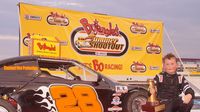 Landon Rapp celebrates in Victory Lane after winning his Round 1 Bandolero feature during opening night of the Bojangles' Summer Shootout at Charlotte Motor Speedway.