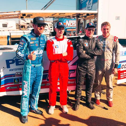 NASCAR drivers and dirt racers Clint Bowyer, far left, and Christopher Bell, far right, previewed this weekend’s Can-Am World Finals at The Dirt Track at Charlotte and took high-speed rides around the four-tenths-mile clay oval with iRacing champions Alex Bergeron and Blake Matjoulis.