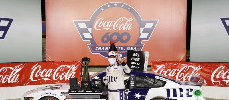 Brad Keselowski celebrates in Victory Lane after winning the first Coca-Cola 600 of his career.