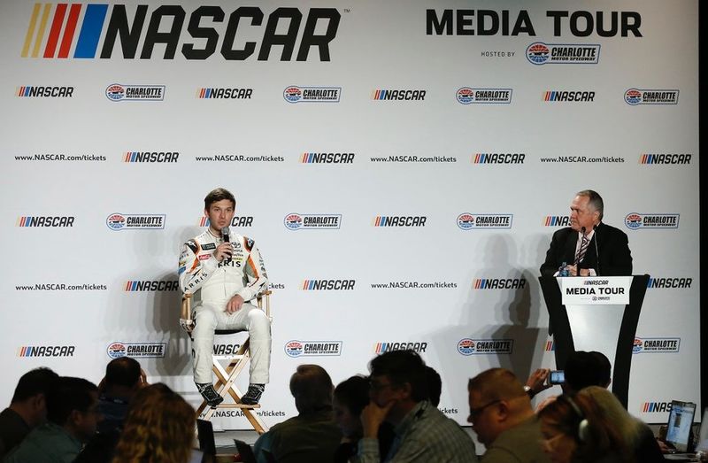 Monster Energy NASCAR Cup Series rookie Daniel Suarez, left, speaks to media during the 35th Annual NASCAR Media Tour hosted by Charlotte Motor Speedway on Wednesday.