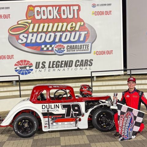 Neal Dulin celebrates a first-round victory in the Pro division at Cook Out Summer Shootout after a dramatic late-race finish.